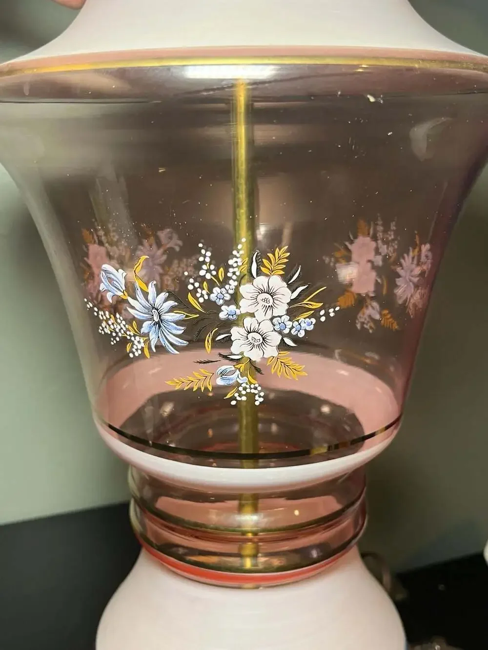 Vintage Pink Glass Floral Painted Table Lamp